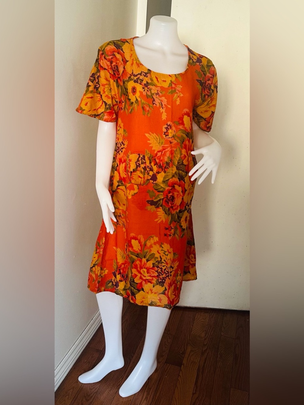 Bright Orange Floral Midi Dress with Red Blooms